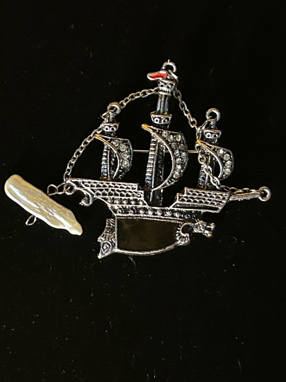 Silver-Tone Pirate Ship Brooch with Enamel-Pearl Accent